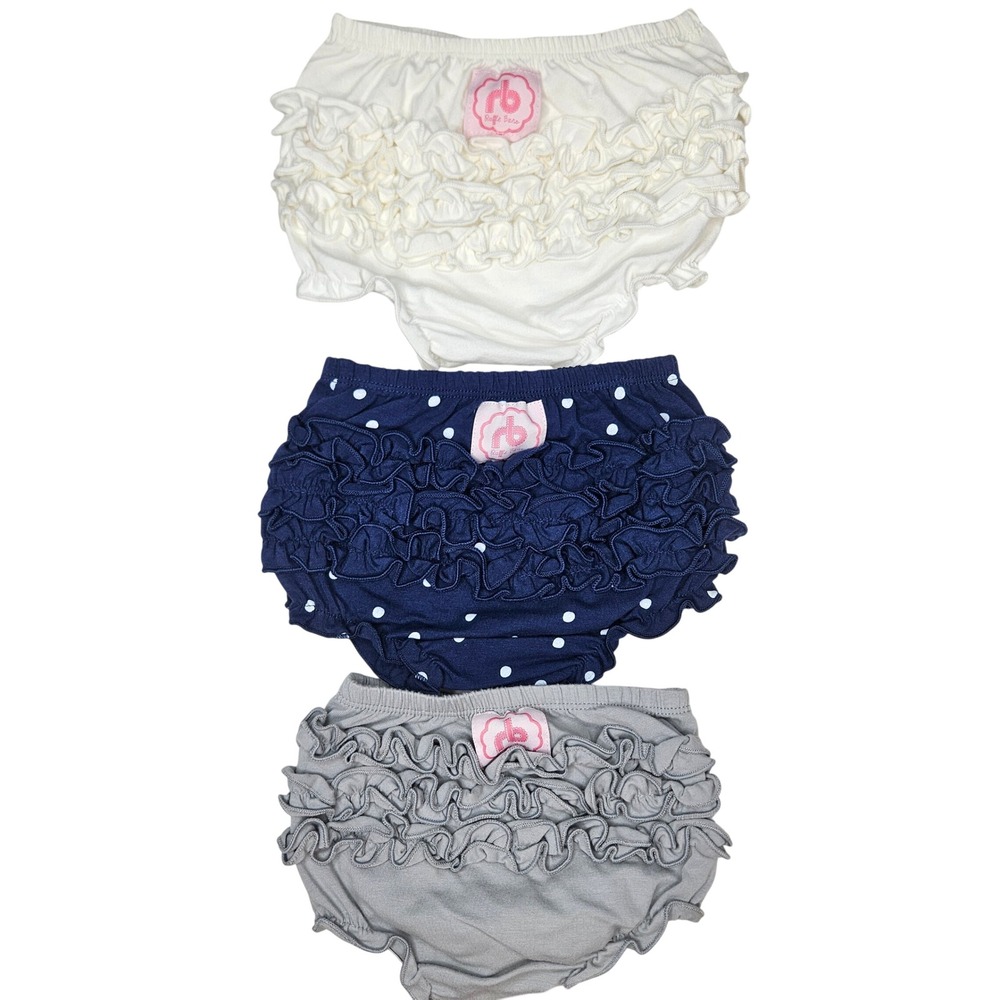 RuffleButts Baby Girls Diaper Cover Bloomers 3 Pack Navy Polka Dot Grey Cream